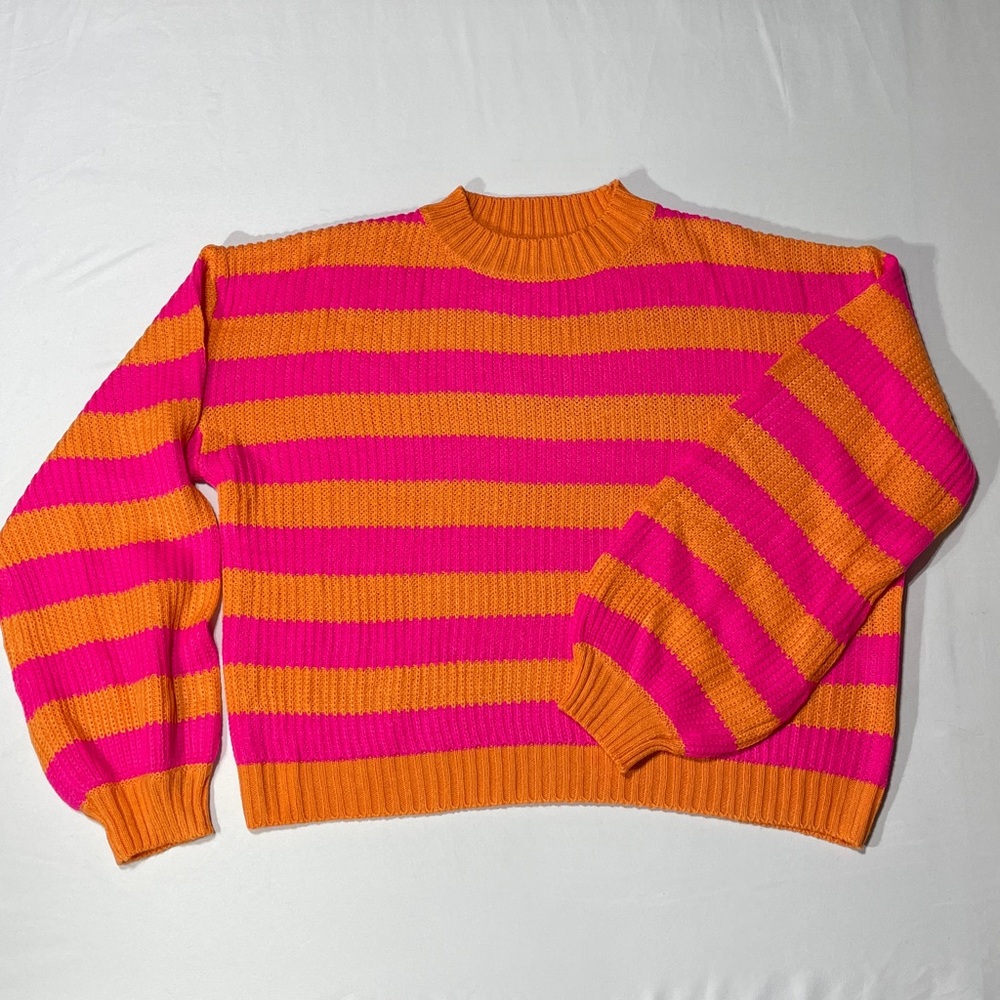 Pink & Orange Striped Knit Crewneck Sweater